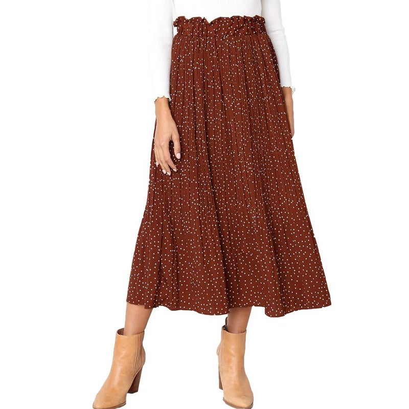 Exlura Womens High Waist Polka Dot Pleated Skirt Midi Swing Skirt with Pockets Coffee Small - Image 1